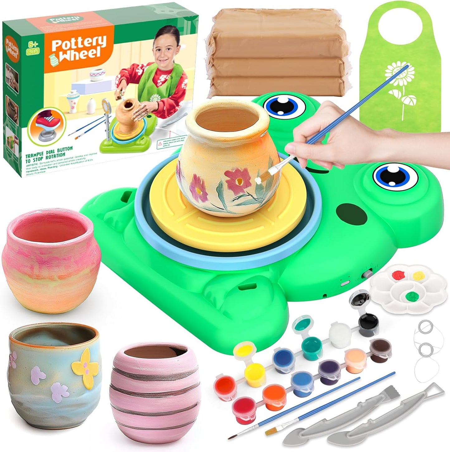 Pottery Wheel for Kids - Complete Pottery Painting Kit Arts and Crafts for Kids Ages 8-12 with 3 Pack Air Dry Clay Art Supplies Toys for Girls Boy Birthday Gift for 6 7 8 9 10 11 12+