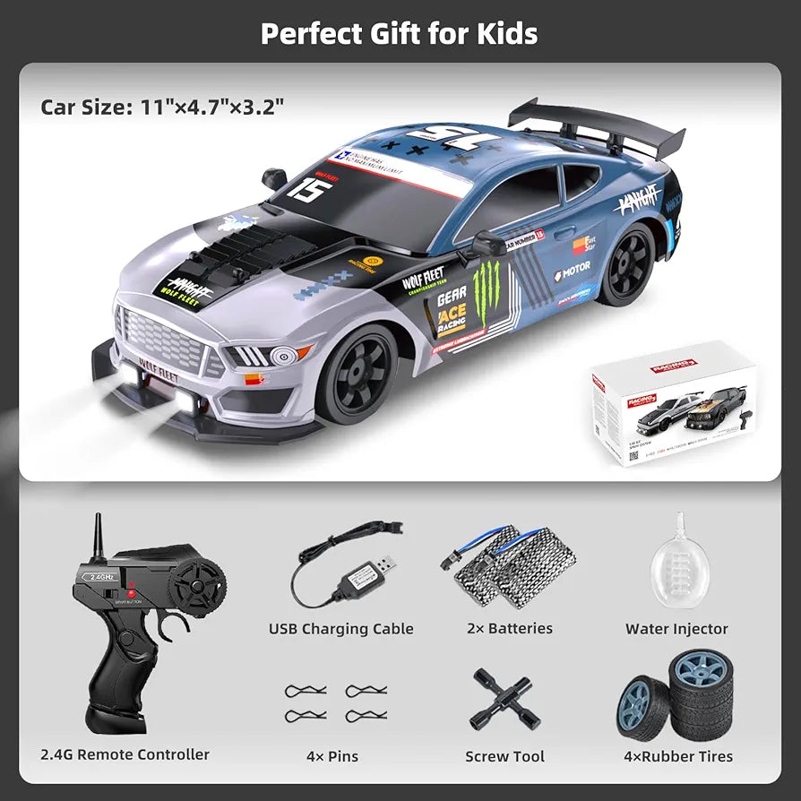 RC Drift Car, Drifting RC Car 2.4GHz 1:16 Remote Control Cars 4WD High Speed Racing Vehicle with LED Lights Two Batteries and Drifting Tires Racing Sport Toy Cars for Adults Boys Girls Kids