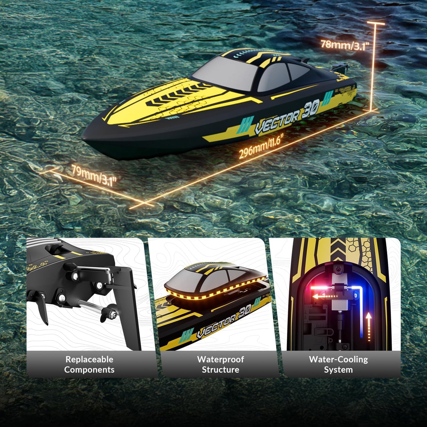 VOLANTEXRC RC Remote Control Boat for Pool,2.4Ghz Control RC Boats for Adults, Lake Electric Boat with Water Cooling System 2Rechargeable Batteries (Yellow)