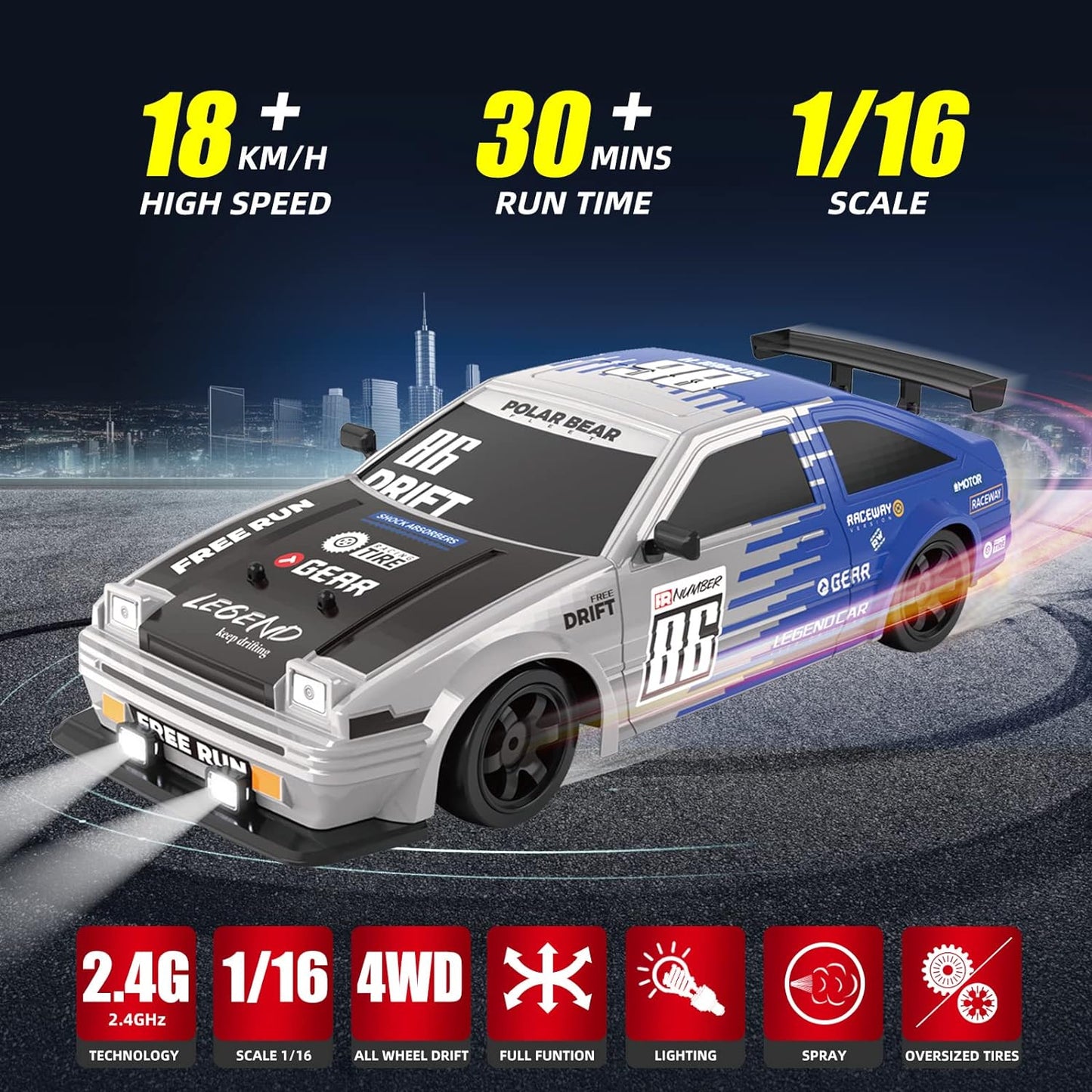 Sakeye 1:16 高速四驱遥控漂移车 2.4GHz 带LED灯 附双电池与竞技轮胎