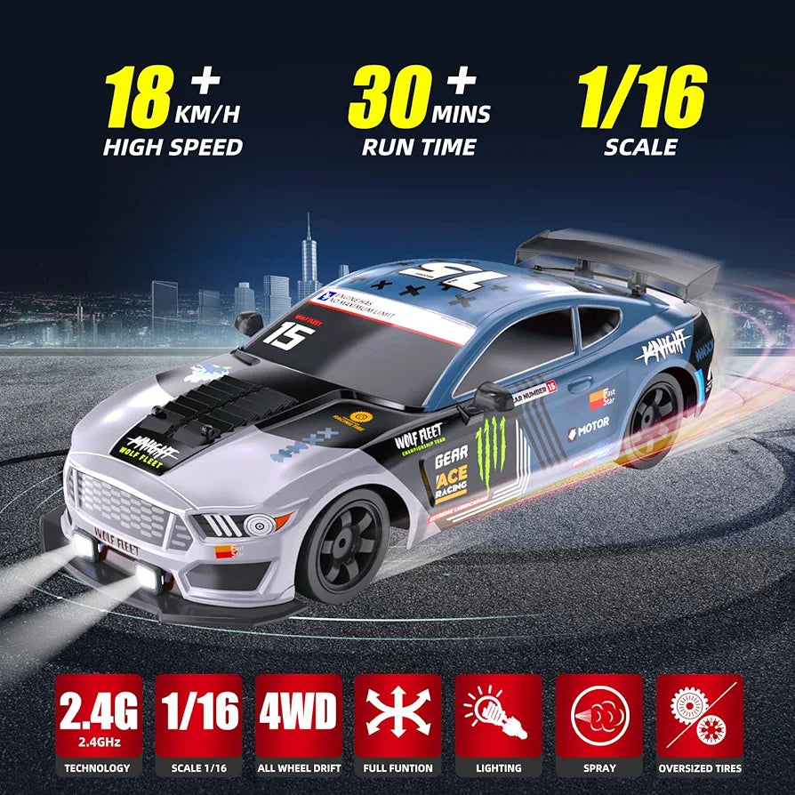 RC Drift Car, Drifting RC Car 2.4GHz 1:16 Remote Control Cars 4WD High Speed Racing Vehicle with LED Lights Two Batteries and Drifting Tires Racing Sport Toy Cars for Adults Boys Girls Kids