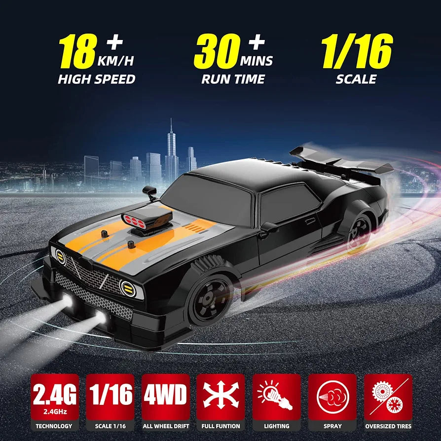 RC Drift Car 2.4GHz 1:16 Scale 4WD High Speed Remote Control Cars Vehicle with LED Lights Two Batteries and Drifting Tires Racing Sport Toy Cars for Adults Boys Girls Kids
